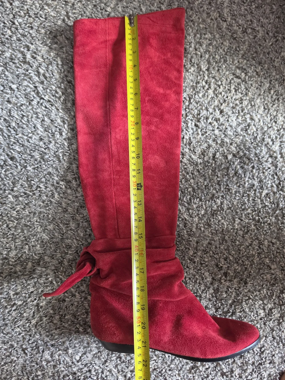 Vintage Red Suede Knee High Slouch Boots Made in Yugoslavia Size 8M Bow Accent